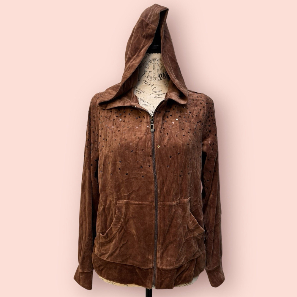 Mirror Image Brown Velour Sequined Full Zip Sweater XL